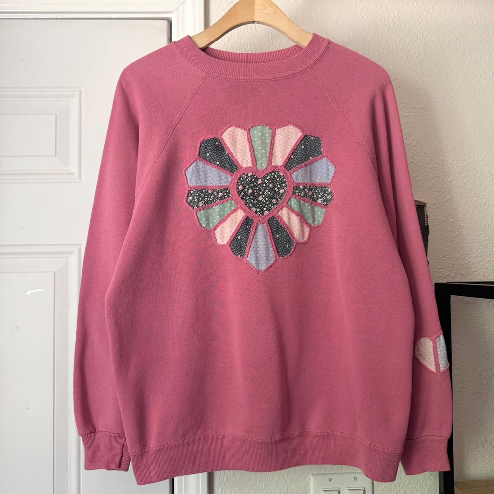 HANES x herway cotton fleece pink vintage heart floral crew pullover sweater
